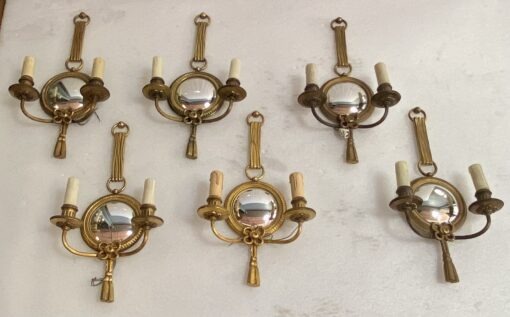 1950/70′ Series of 6 Gilt Bronze Wall Lights with Convex Mirror Signed Petitot