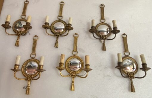 1950/70′ Series of 6 Gilt Bronze Wall Lights with Convex Mirror Signed Petitot - Image 9