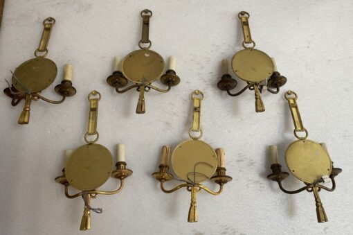 1950/70′ Series of 6 Gilt Bronze Wall Lights with Convex Mirror Signed Petitot - Image 8
