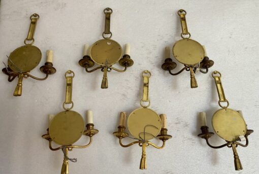 1950/70′ Series of 6 Gilt Bronze Wall Lights with Convex Mirror Signed Petitot - Image 7