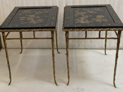 1970′ Pair of Bronze End Tables, Palm Tree Model, Maison Baguès or Charles, Double-Sided Chinese Lacquer, 54.5 x 43 x H 51 cm