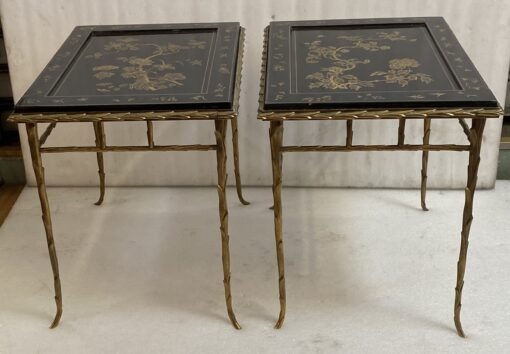 1970′ Pair of Bronze End Tables, Palm Tree Model, Maison Baguès or Charles, Double-Sided Chinese Lacquer, 54.5 x 43 x H 51 cm
