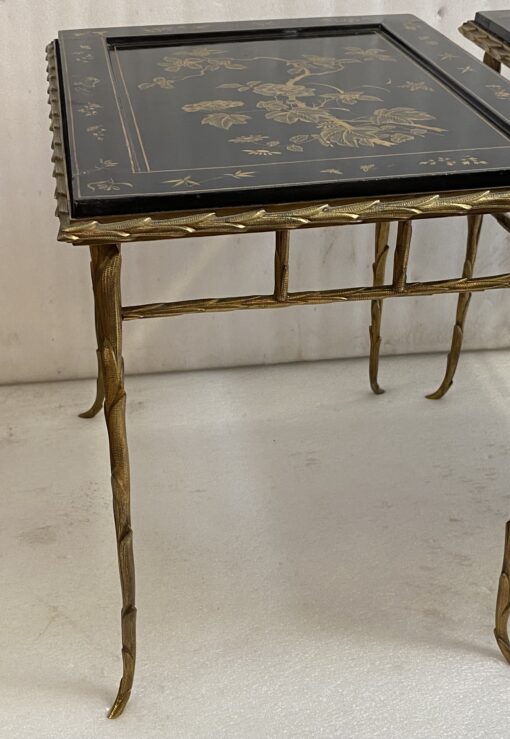 1970′ Pair of Bronze End Tables, Palm Tree Model, Maison Baguès or Charles, Double-Sided Chinese Lacquer, 54.5 x 43 x H 51 cm - Image 20