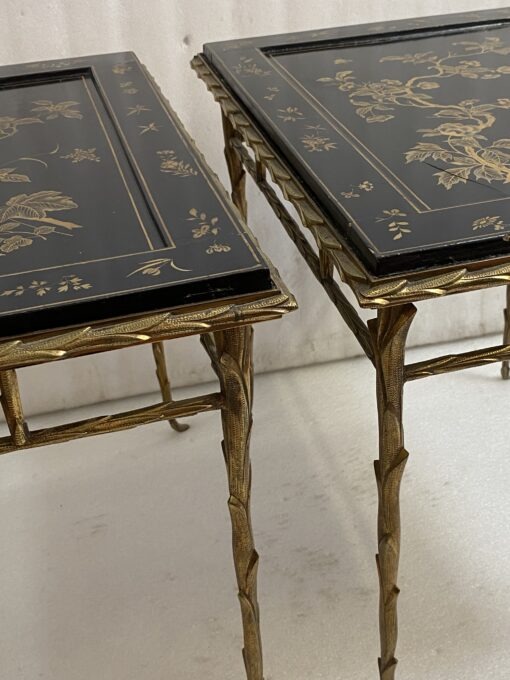 1970′ Pair of Bronze End Tables, Palm Tree Model, Maison Baguès or Charles, Double-Sided Chinese Lacquer, 54.5 x 43 x H 51 cm - Image 18