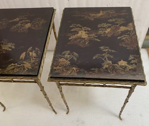 1970′ Pair of Bronze End Tables, Palm Tree Model, Maison Baguès or Charles, Double-Sided Chinese Lacquer, 54.5 x 43 x H 51 cm - Image 15