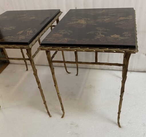 1970′ Pair of Bronze End Tables, Palm Tree Model, Maison Baguès or Charles, Double-Sided Chinese Lacquer, 54.5 x 43 x H 51 cm - Image 14