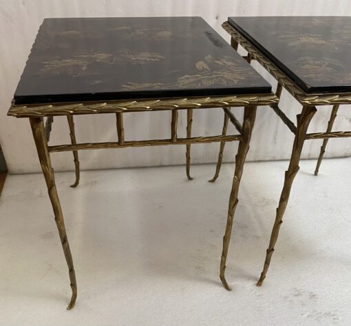 1970′ Pair of Bronze End Tables, Palm Tree Model, Maison Baguès or Charles, Double-Sided Chinese Lacquer, 54.5 x 43 x H 51 cm - Image 13