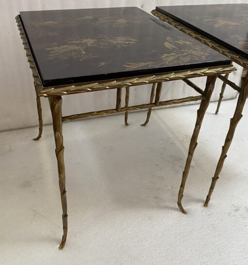 1970′ Pair of Bronze End Tables, Palm Tree Model, Maison Baguès or Charles, Double-Sided Chinese Lacquer, 54.5 x 43 x H 51 cm - Image 11