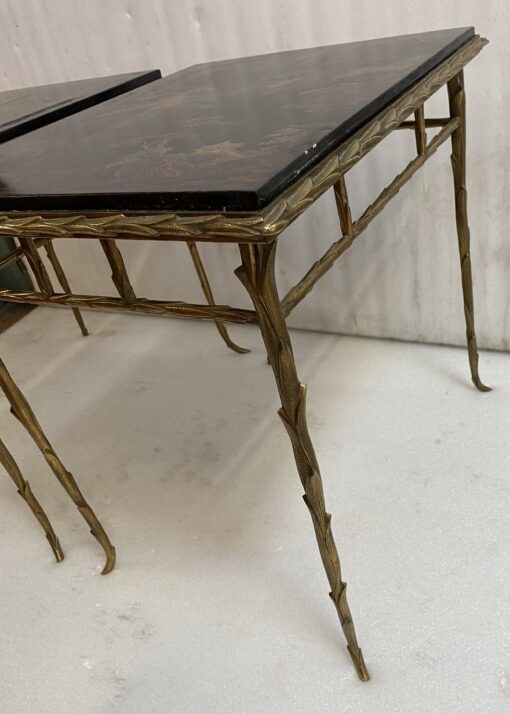 1970′ Pair of Bronze End Tables, Palm Tree Model, Maison Baguès or Charles, Double-Sided Chinese Lacquer, 54.5 x 43 x H 51 cm - Image 10