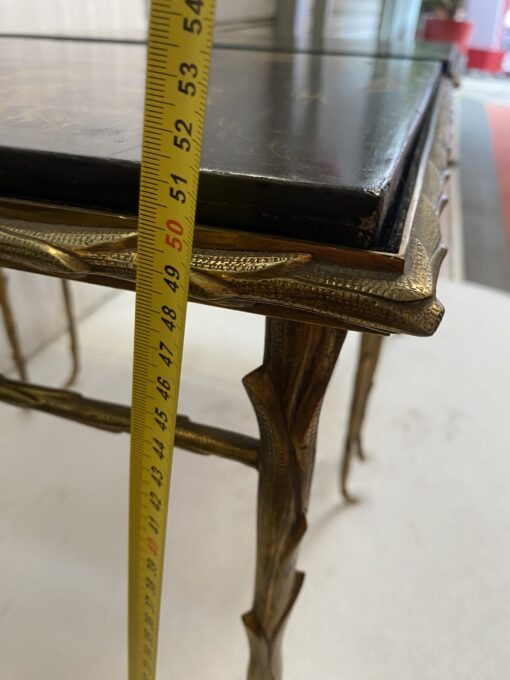 1970′ Pair of Bronze End Tables, Palm Tree Model, Maison Baguès or Charles, Double-Sided Chinese Lacquer, 54.5 x 43 x H 51 cm - Image 7
