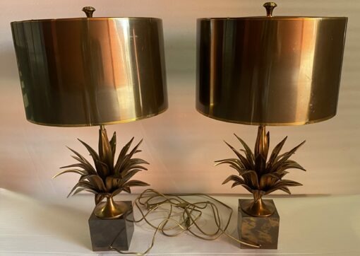 1950/70 Paire de Lampes en Bronze Décor Fleur De Lotus Signée Charles