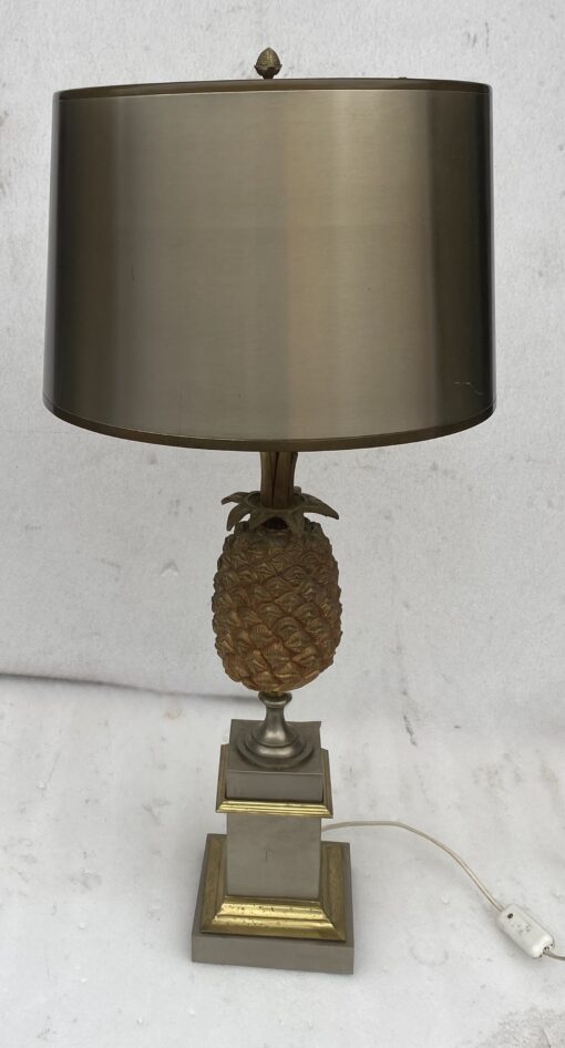 1950/70 Lampe à l’Ananas en Bronze Argenté, Abat-jour en Laiton Bicolore Non Signée