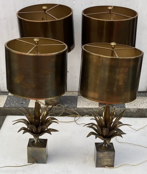 1950/70 Série de 4 Lampes en Bronze Décor Fleur De Lotus Signée Charles
