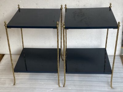 1970′ Pair of Maison Charles Tables Signed Plant Decor in Gilt Bronze with Blue Lacquer Tops 42 X 42 H 62 cm