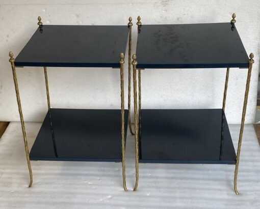 1970′ Pair of Maison Charles Tables Signed Plant Decor in Gilt Bronze with Blue Lacquer Tops 42 X 42 H 62 cm