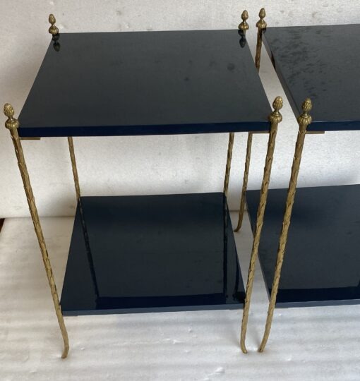 1970′ Pair of Maison Charles Tables Signed Plant Decor in Gilt Bronze with Blue Lacquer Tops 42 X 42 H 62 cm - Image 5