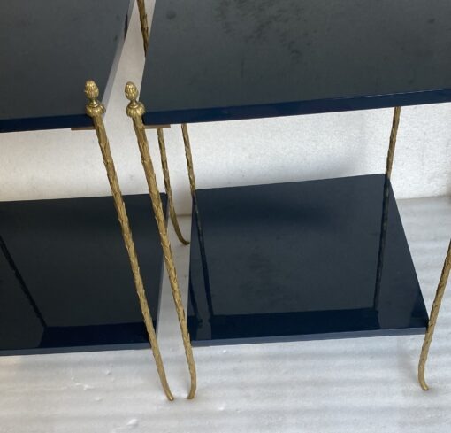 1970′ Pair of Maison Charles Tables Signed Plant Decor in Gilt Bronze with Blue Lacquer Tops 42 X 42 H 62 cm - Image 4
