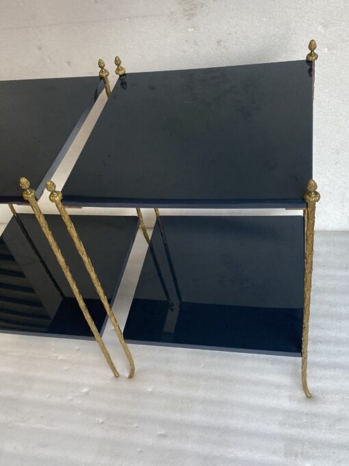 1970′ Pair of Maison Charles Tables Signed Plant Decor in Gilt Bronze with Blue Lacquer Tops 42 X 42 H 62 cm - Image 3