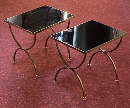 1950/70′ Paire de Bouts de Canapés Bronze, Plateaux Verres Noircis Style Maison Ramsay 33,5X43,5X H 41 cm