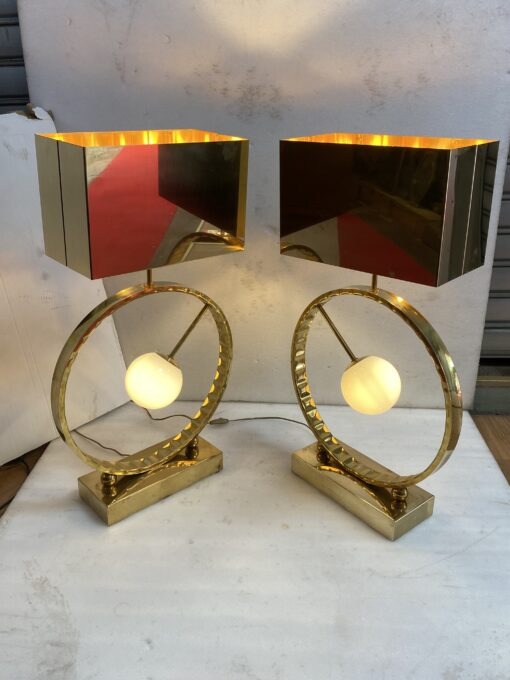 1980' Paire De Lampes Design En Laiton Et Opaline H 88 cm Ø 48 cm – Image 25