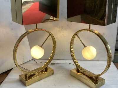 1980' Pair of Brass and Opaline Lamps H 88 cm Ø 48 cm