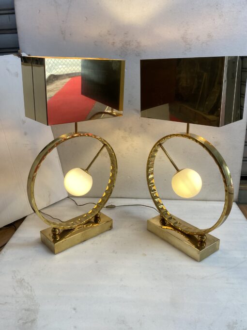 1980' Pair of Brass and Opaline Lamps H 88 cm Ø 48 cm