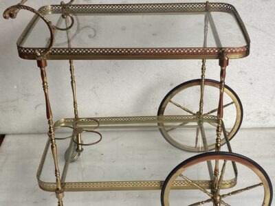 1970' Desserte Roulante Maison Bagués En Laiton Et Bronze Doré Toupie Grandes Roues