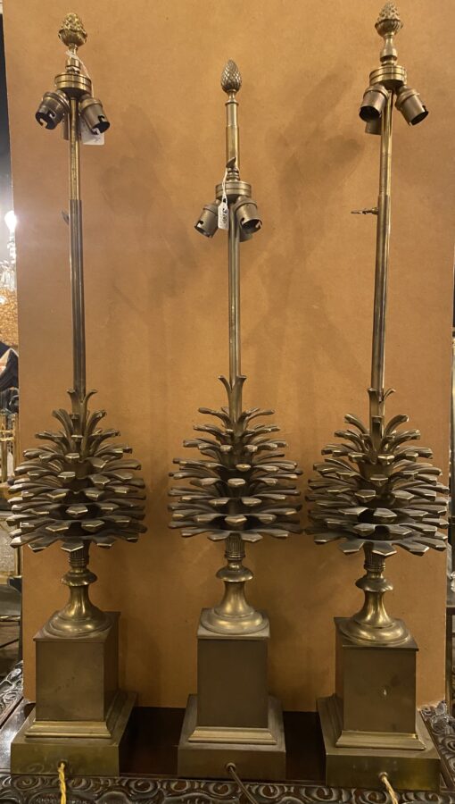 1950/70 Série de 3 Lampes en Bronze Décor Pomme de Pin Signée Charles – Image 29