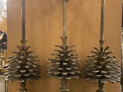 1950/70 Série de 3 Lampes en Bronze Décor Pomme de Pin Signée Charles