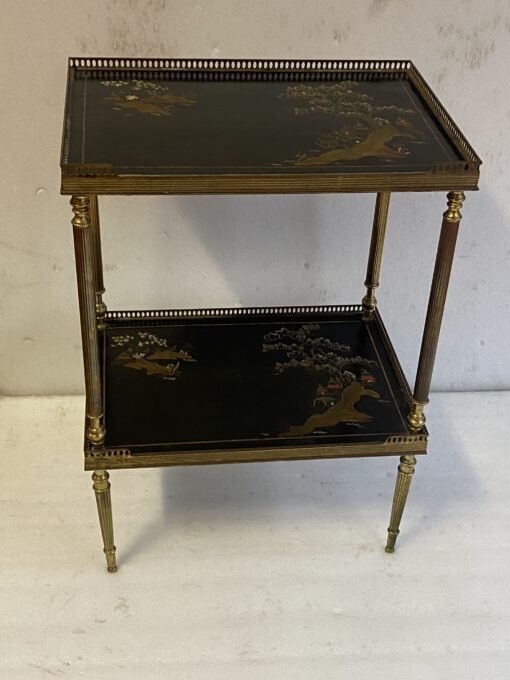 1970′ Paire de Bouts de Canapé En Bronze Rectangulaires Maison Jansen Plateaux Laques De Chine Avec Galeries Ajourées 47 X 33 cm – Image 12