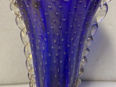 1970′ Vase Cristal Murano Bleu et Or Signé Toso H 32 cm