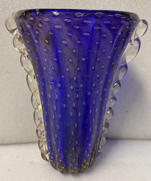 1970′ Vase Cristal Murano Bleu et Or Signé Toso H 32 cm