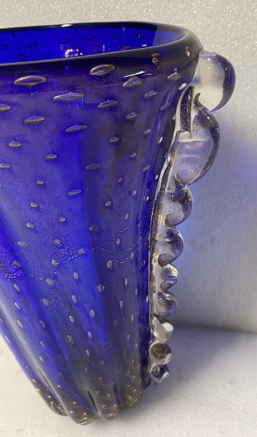1970′ Vase Cristal Murano Bleu et Or Signé Toso H 32 cm – Image 9