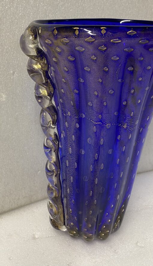 1970′ Vase Cristal Murano Bleu et Or Signé Toso H 32 cm – Image 8