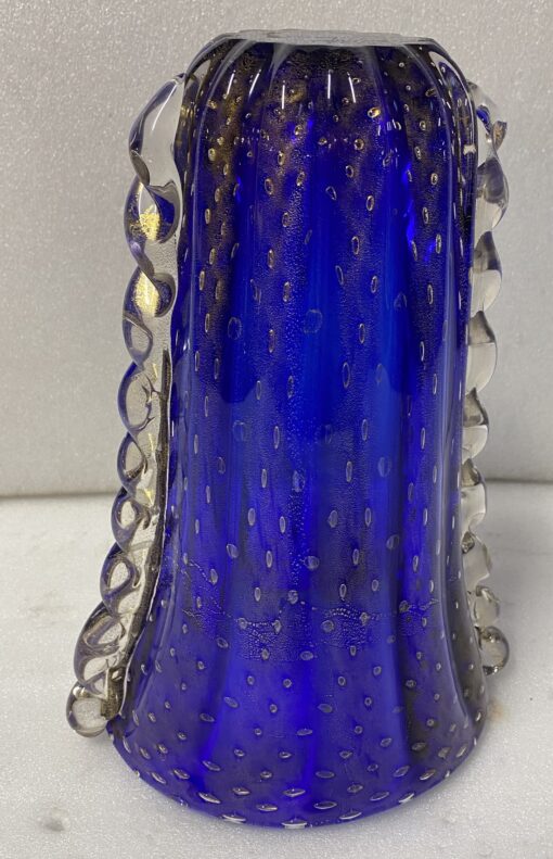 1970′ Vase Cristal Murano Bleu et Or Signé Toso H 32 cm – Image 6