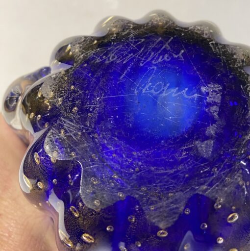 1970′ Vase Cristal Murano Bleu et Or Signé Toso H 32 cm – Image 5