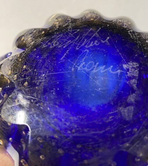 1970′ Vase Cristal Murano Bleu et Or Signé Toso H 32 cm – Image 4