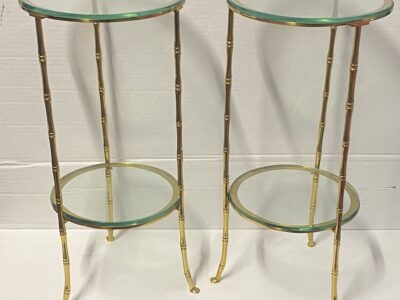 1970' Paire de Guéridons Bronze Doré Maison Bagués Décor Bambou ø 24 X H 50 cm