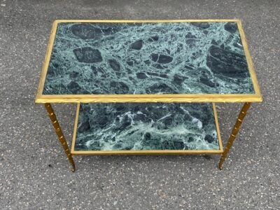 1970' Bout De Canapé Bronze Doré Maison Jansen Ou Maison Bagués Plateau Marbre Vert De Mer 71 cm X 38 X H 57 cm