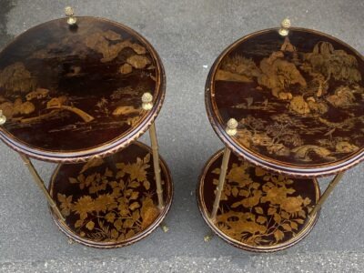 1950/70′ Pair of Maison Baguès Pedestal Tables Bamboo Decor in Gilt Bronze with Chinese Lacquer Trays Diameter 40 Cm H 70 Cm