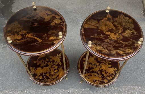 1950/70′ Pair of Maison Baguès Pedestal Tables Bamboo Decor in Gilt Bronze with Chinese Lacquer Trays Diameter 40 Cm H 70 Cm