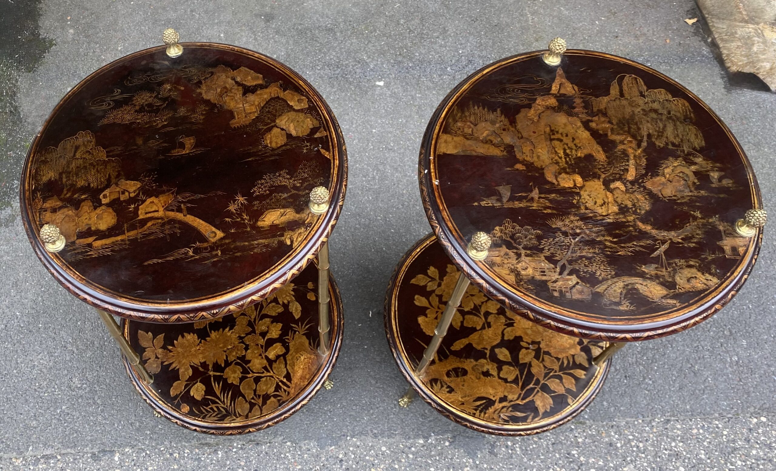 1950/70′ Pair of Maison Baguès Pedestal Tables Bamboo Decor in Gilt Bronze with Chinese Lacquer Trays Diameter 40 Cm H 70 Cm - Image 16