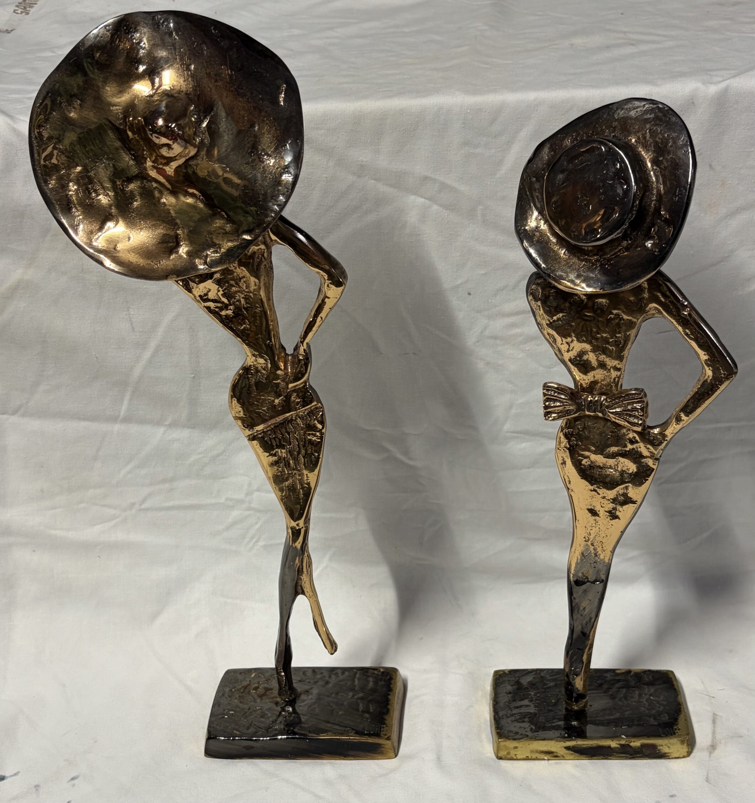 1970/80 ‘The Two Elegant Women with Hats’ Bronze Sculptures, Signed LOHE