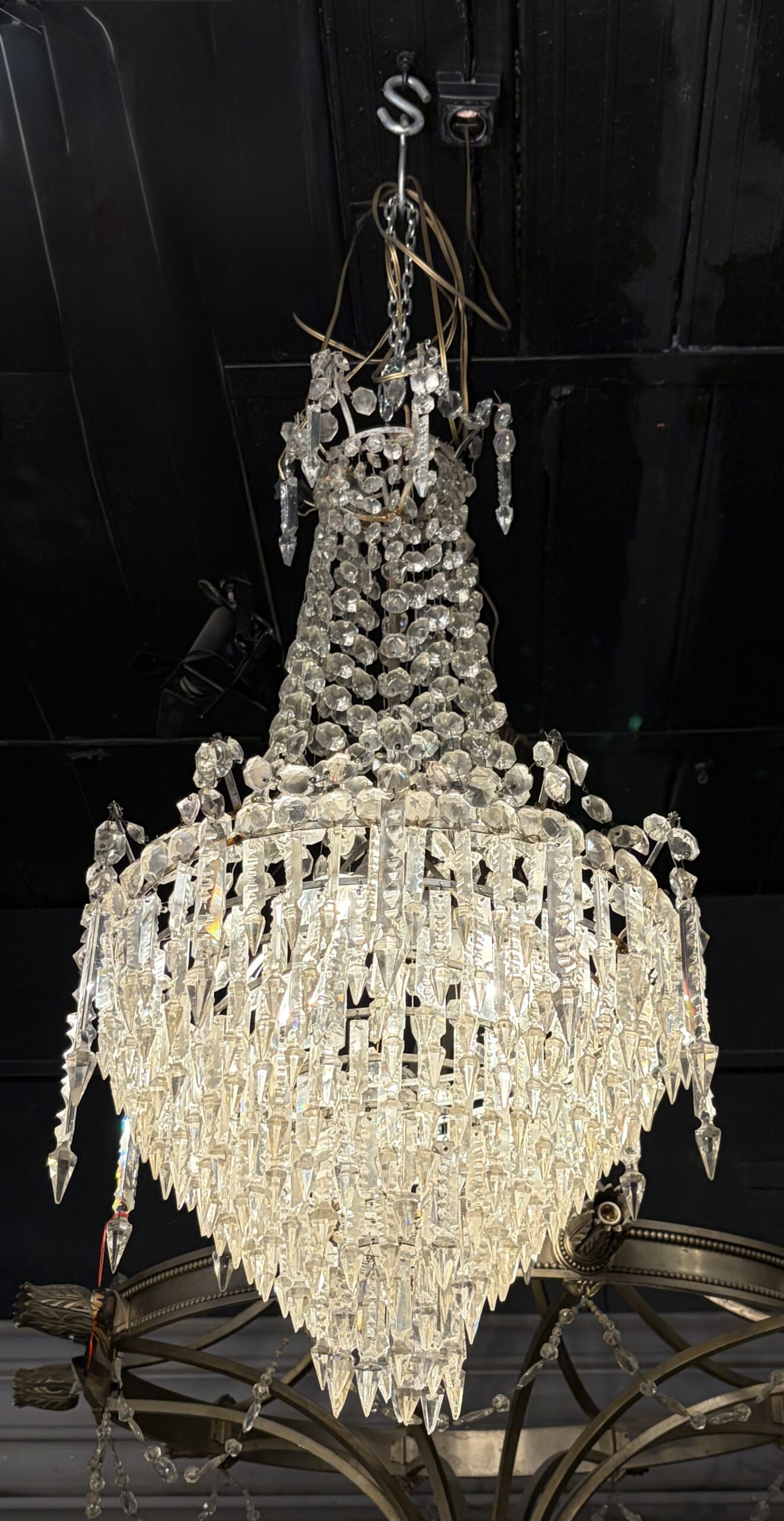 1950s Crystal Cabochon Basket Chandelier with 3 Lights H 90 Ø 50 cm