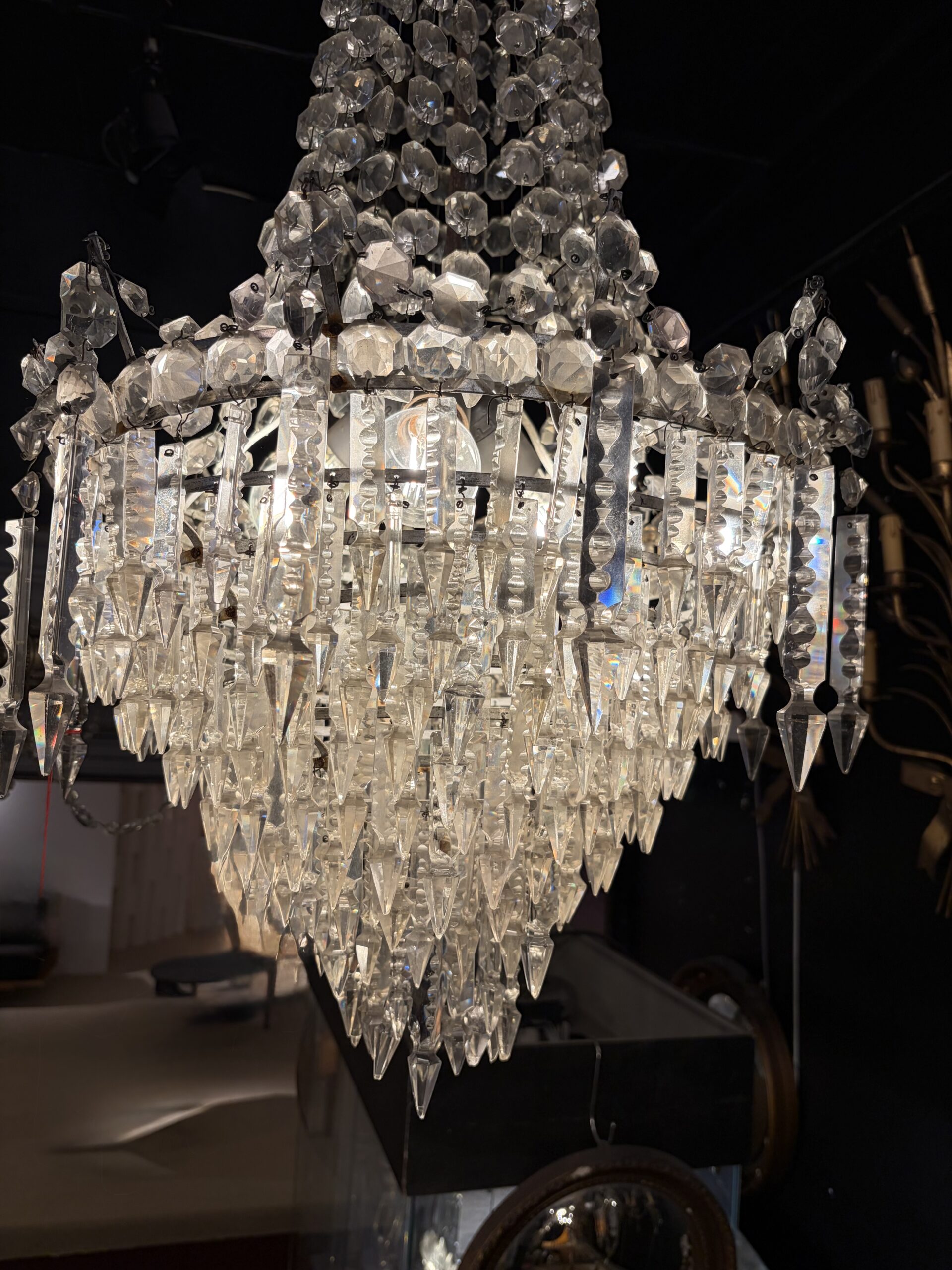 1950s Crystal Cabochon Basket Chandelier with 3 Lights H 90 Ø 50 cm - Image 2