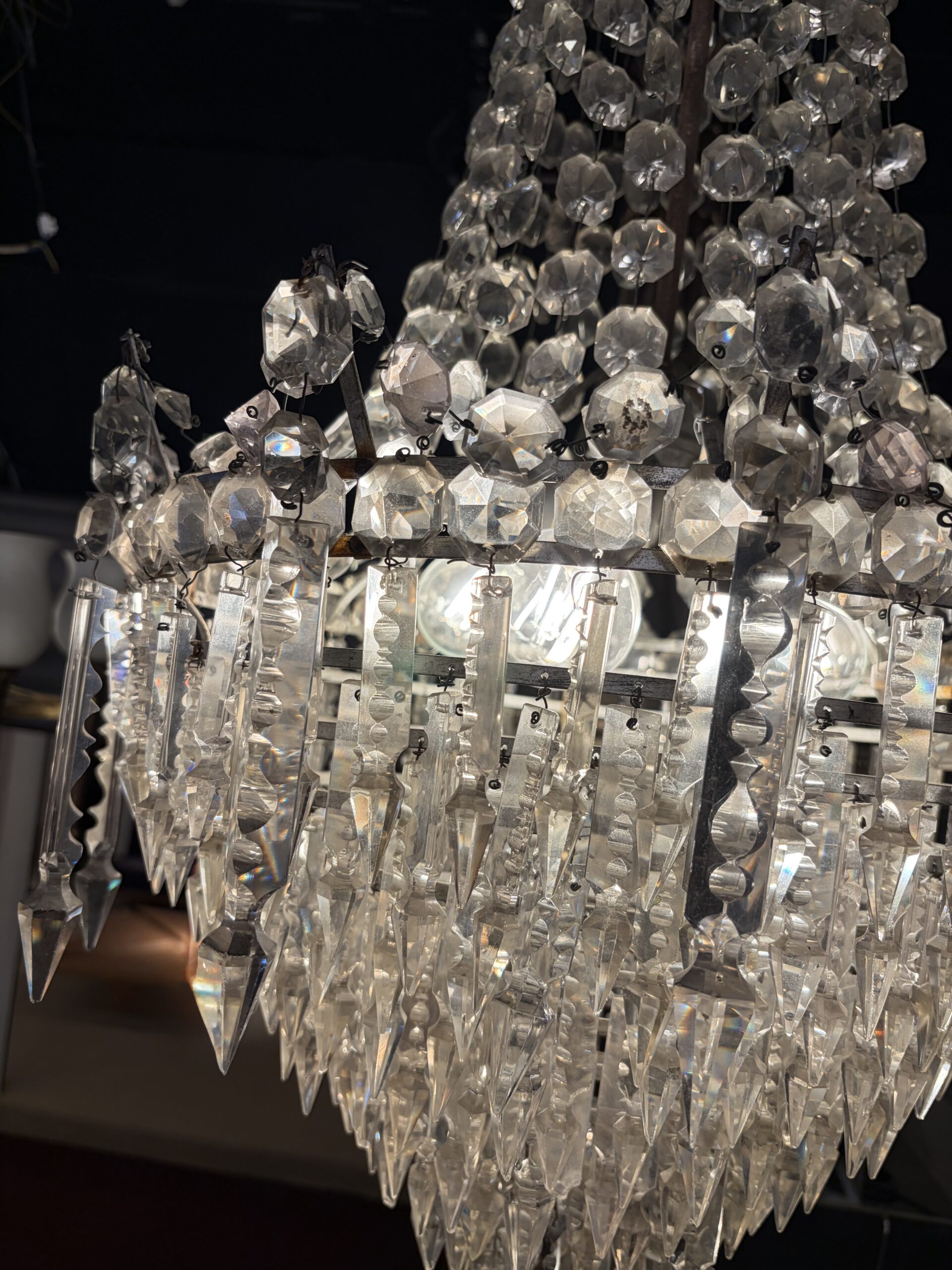 1950s Crystal Cabochon Basket Chandelier with 3 Lights H 90 Ø 50 cm - Image 6
