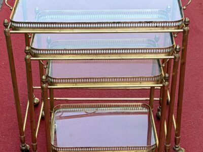 1970′ Set of 3 Rolling Nesting Tables in Gilded Bronze with Removable Trays