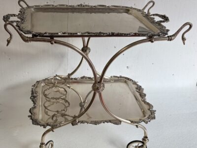 1950/70 Rolling Bar With Swan Decor Rocaille Style Silver Metal From Parisian Palace