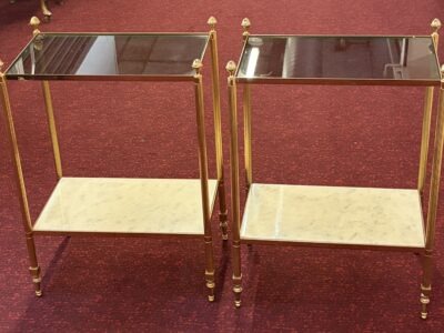 1970′ Paire de Bouts de Canapé En Bronze à 2 Niveaux Maison Baguès Plateaux Verre Fumé + Marbre 47 X 32 X H 67 cm