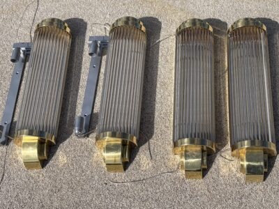 1970’  Série De 4 Appliques En Laiton Ou Bronze A Tubes de Verre Style Genet Michon Ou Petitot